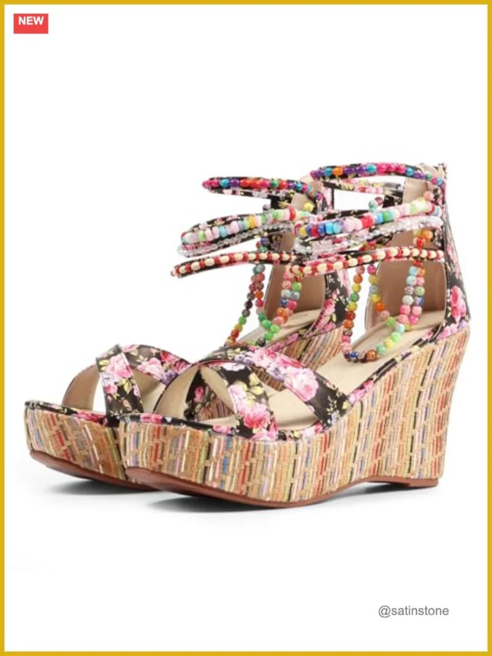 Wedge Sandals with Pearls Across Top Platform High Heels Back Zipper Open Toe